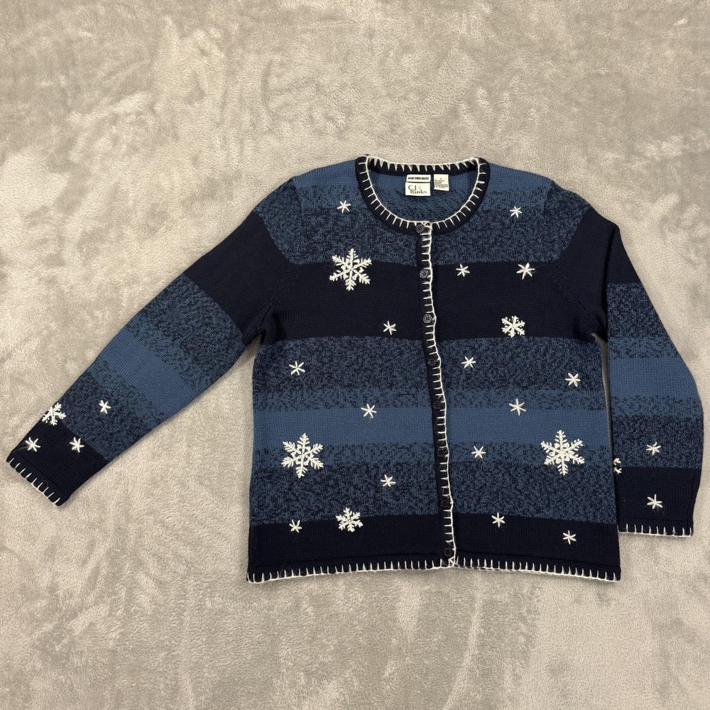 Vintage CJ Banks Sweater Womens X Blue Snowflake Wool Blend Cardigan Ugly‎ 90s